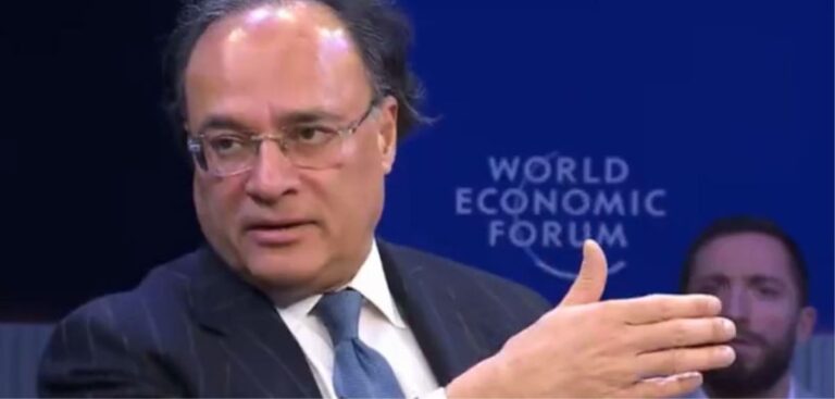 Finance Minister Muhammad Aurangzeb speaking at the World Economic Forum in Davos, discussing Climate change Pakistan economy